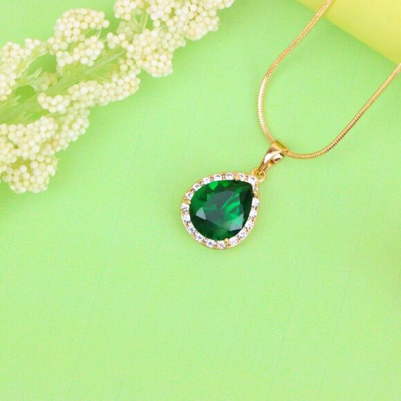 "Teardrop Green Pendant with Crystal Border in Rose Gold Finish, XPPT1613 - Picture 2 of 13
